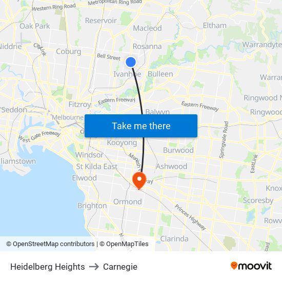 Heidelberg Heights to Carnegie map