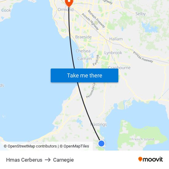 Hmas Cerberus to Carnegie map