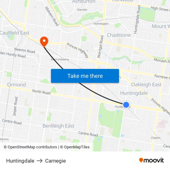 Huntingdale to Carnegie map