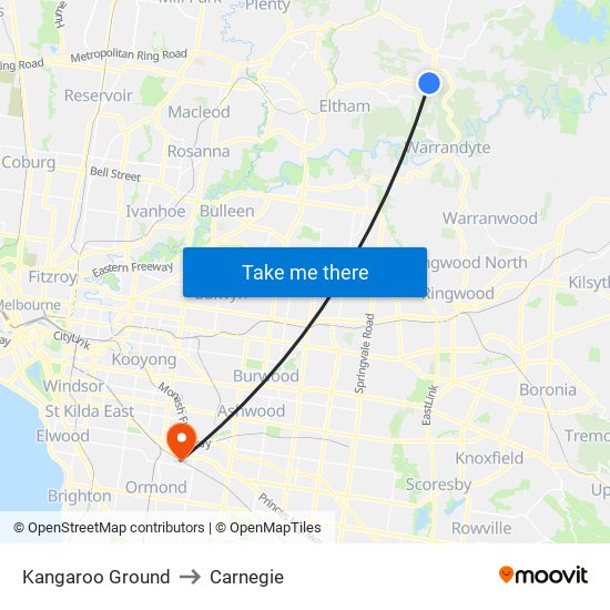 Kangaroo Ground to Carnegie map