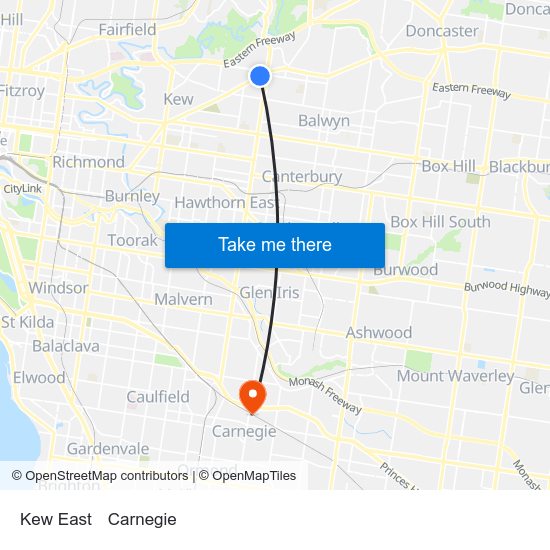 Kew East to Carnegie map