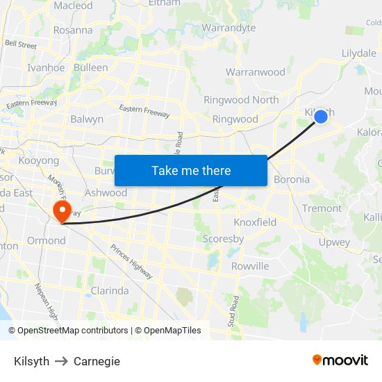 Kilsyth to Carnegie map