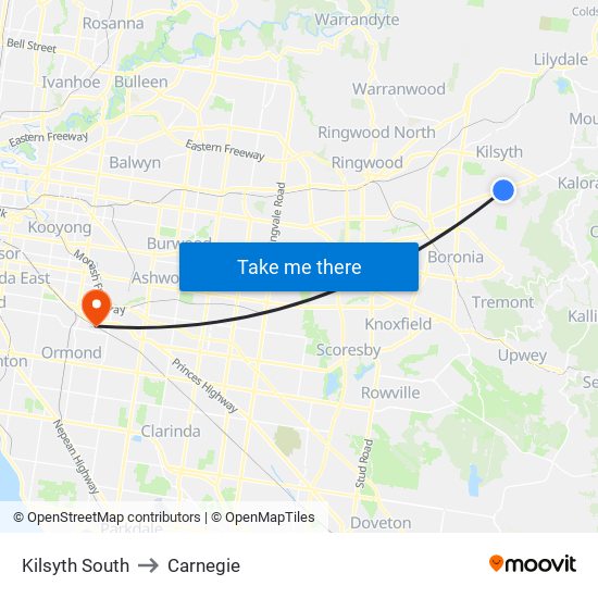 Kilsyth South to Carnegie map