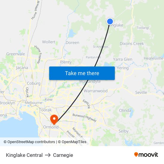 Kinglake Central to Carnegie map