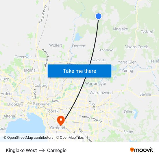 Kinglake West to Carnegie map