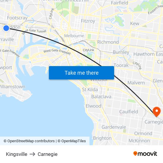 Kingsville to Carnegie map