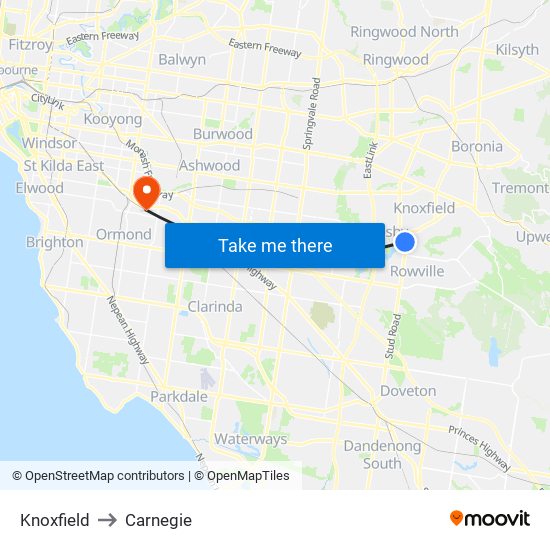 Knoxfield to Carnegie map