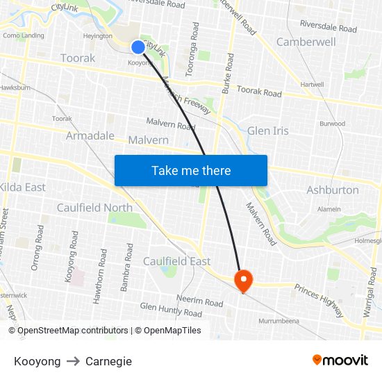 Kooyong to Carnegie map