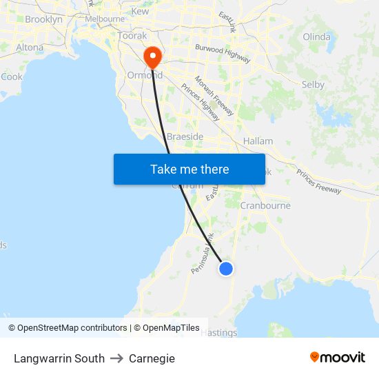 Langwarrin South to Carnegie map