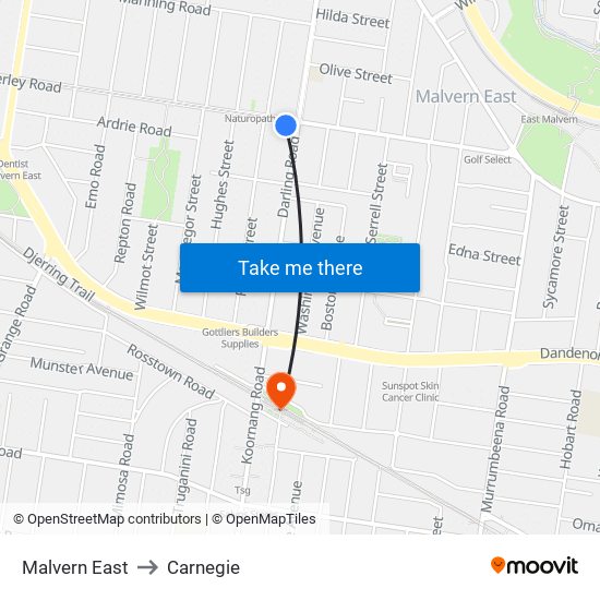 Malvern East to Carnegie map