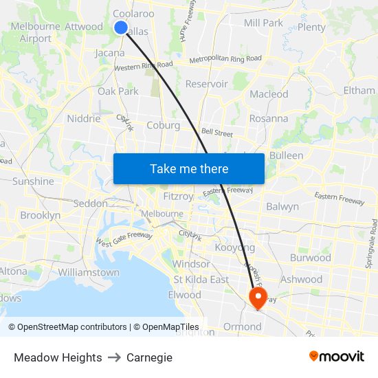 Meadow Heights to Carnegie map