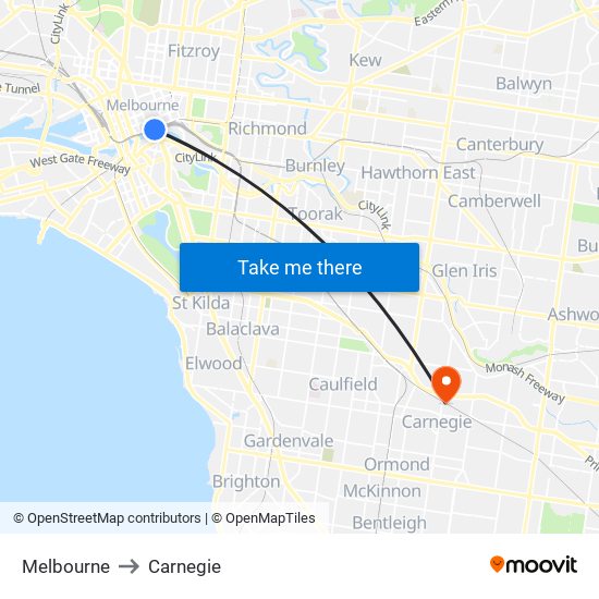 Melbourne to Carnegie map