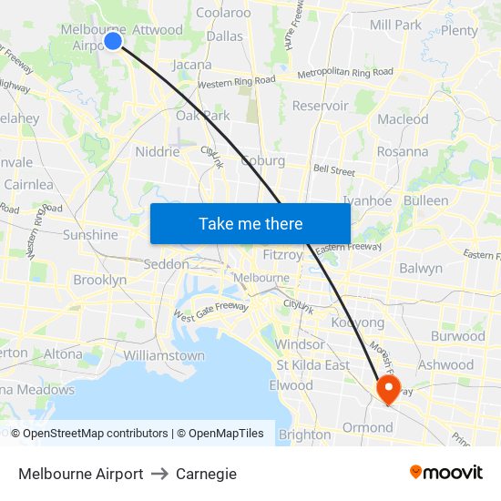 Melbourne Airport to Carnegie map