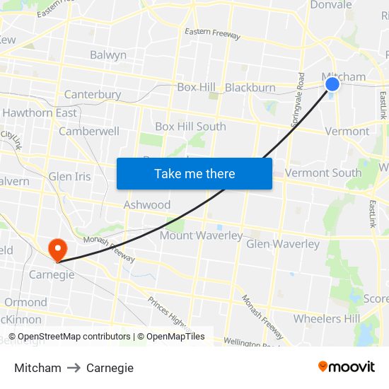 Mitcham to Carnegie map