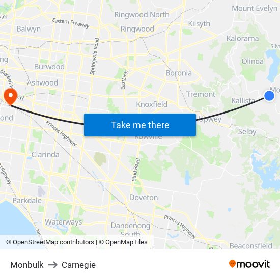 Monbulk to Carnegie map