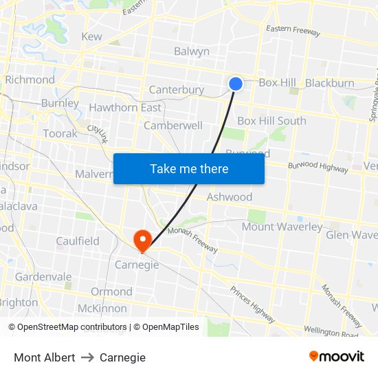 Mont Albert to Carnegie map