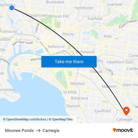 Moonee Ponds to Carnegie map