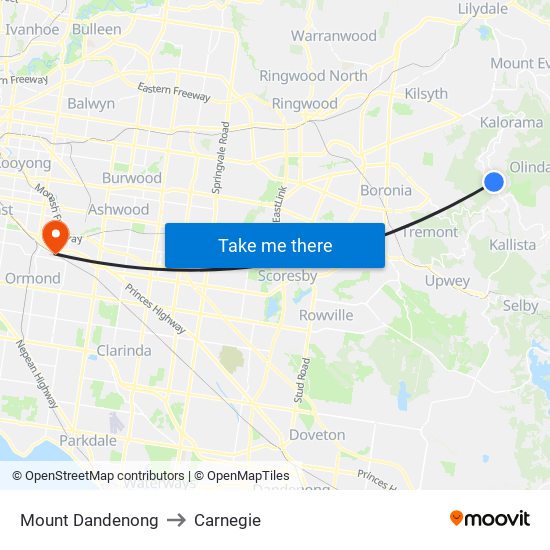 Mount Dandenong to Carnegie map
