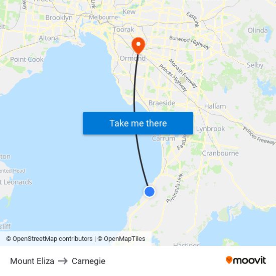 Mount Eliza to Carnegie map