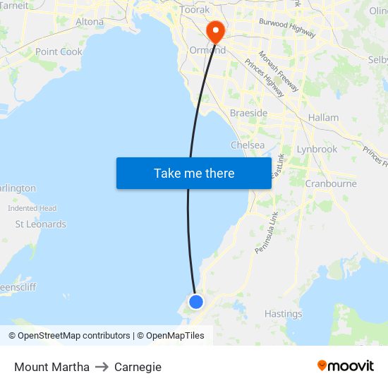 Mount Martha to Carnegie map