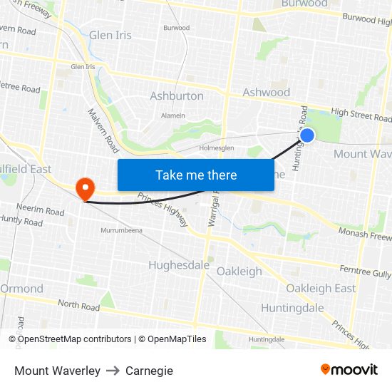 Mount Waverley to Carnegie map