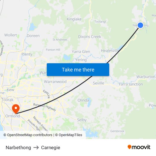 Narbethong to Carnegie map