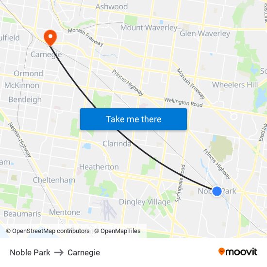 Noble Park to Carnegie map