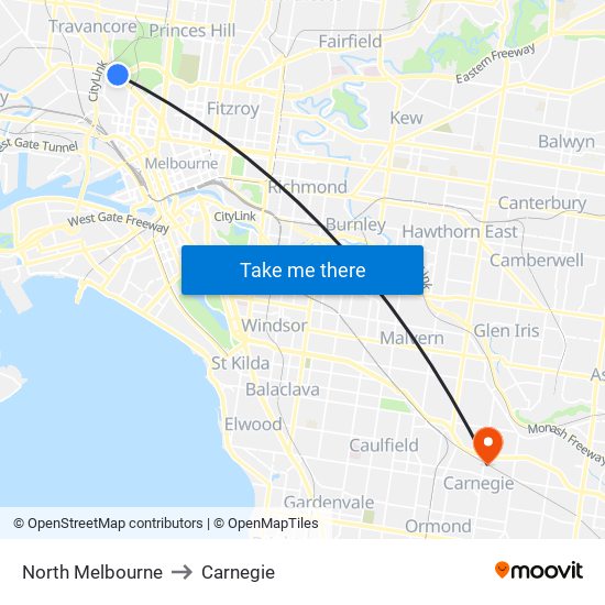 North Melbourne to Carnegie map