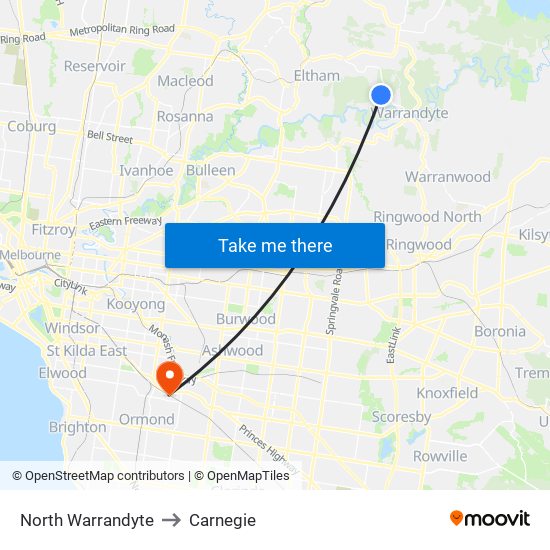 North Warrandyte to Carnegie map