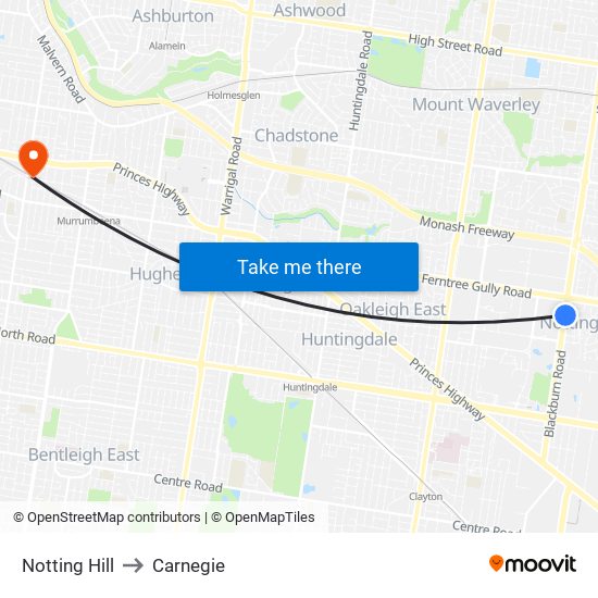 Notting Hill to Carnegie map