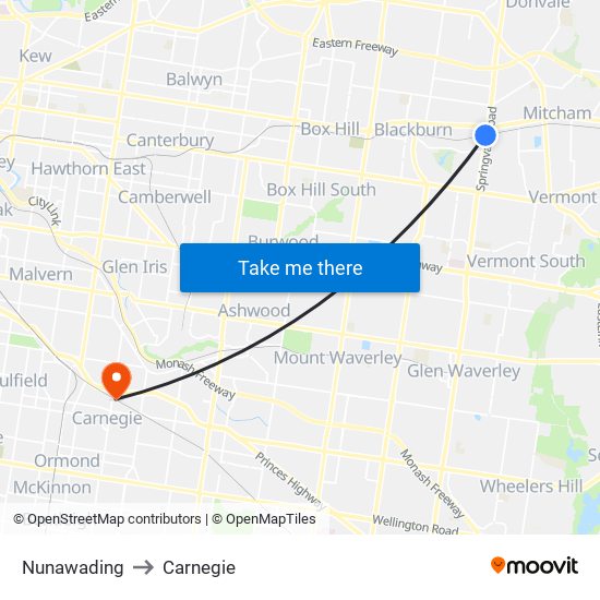 Nunawading to Carnegie map