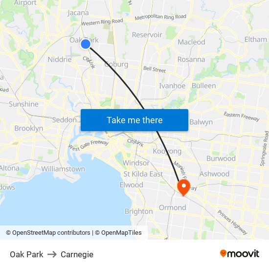 Oak Park to Carnegie map