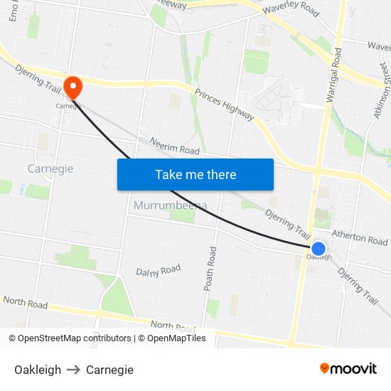 Oakleigh to Carnegie map