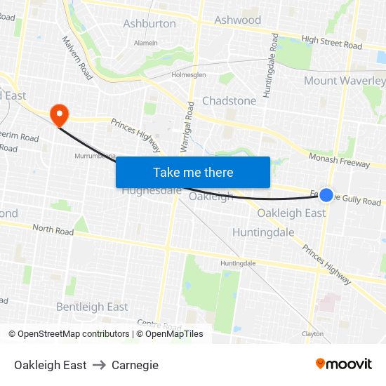 Oakleigh East to Carnegie map