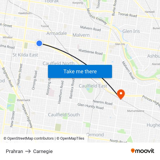 Prahran to Carnegie map