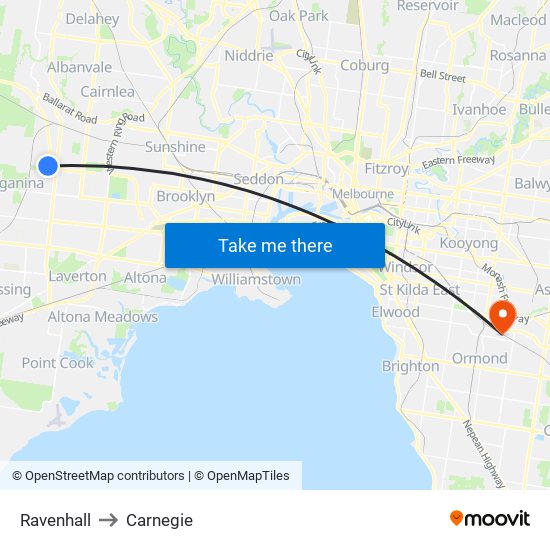 Ravenhall to Carnegie map