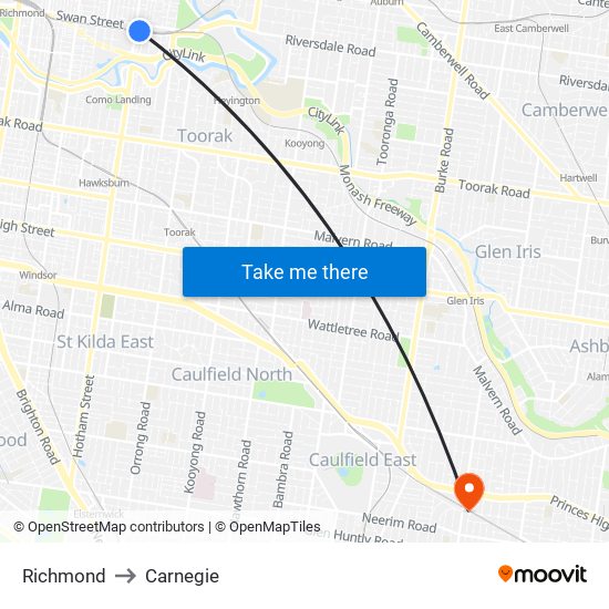 Richmond to Carnegie map