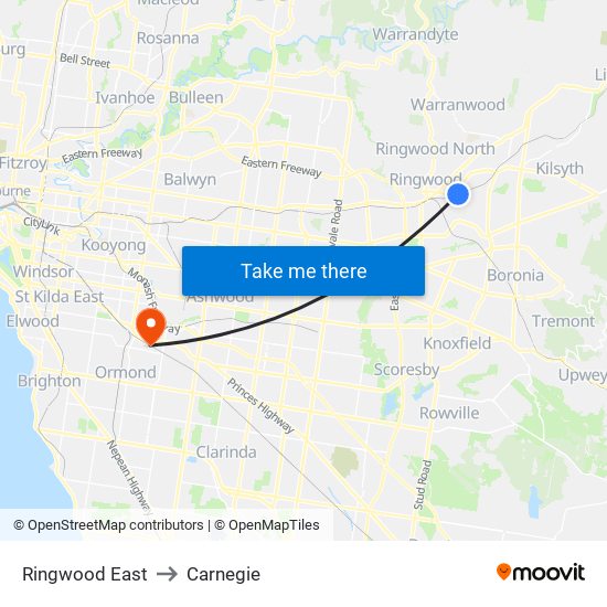 Ringwood East to Carnegie map