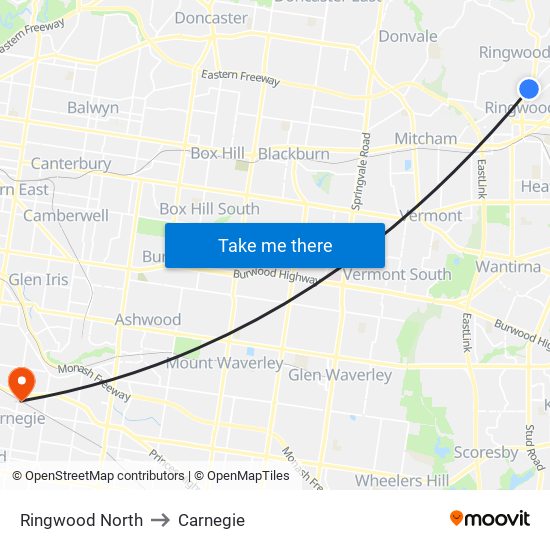 Ringwood North to Carnegie map