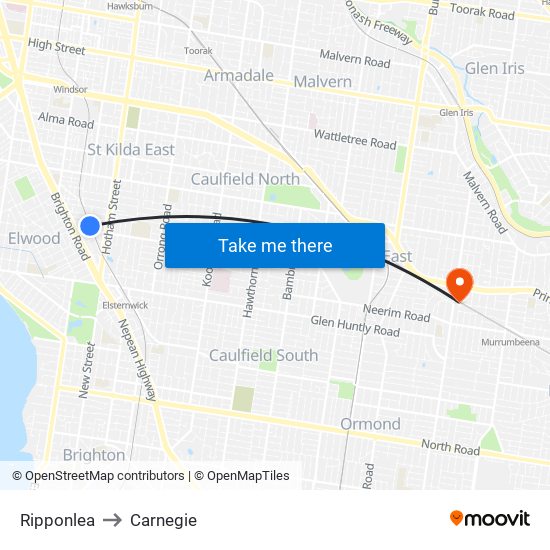 Ripponlea to Carnegie map