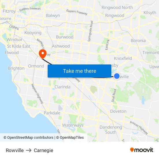 Rowville to Carnegie map