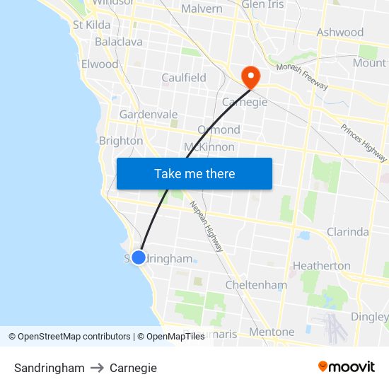 Sandringham to Carnegie map