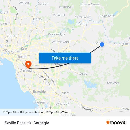 Seville East to Carnegie map