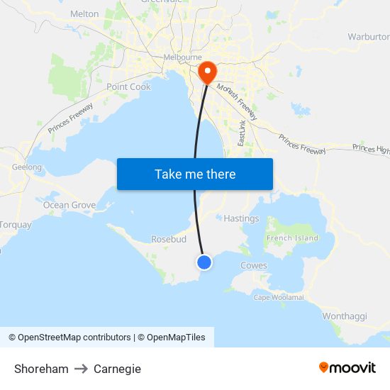 Shoreham to Carnegie map