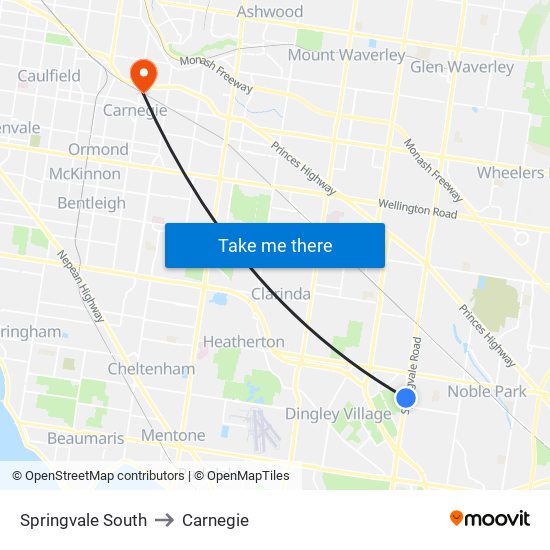 Springvale South to Carnegie map