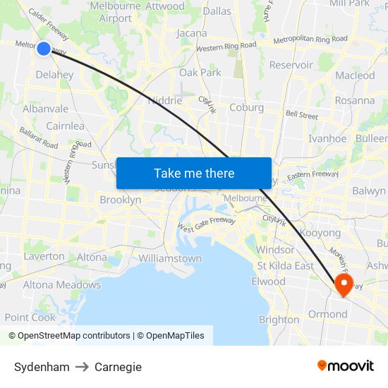 Sydenham to Carnegie map