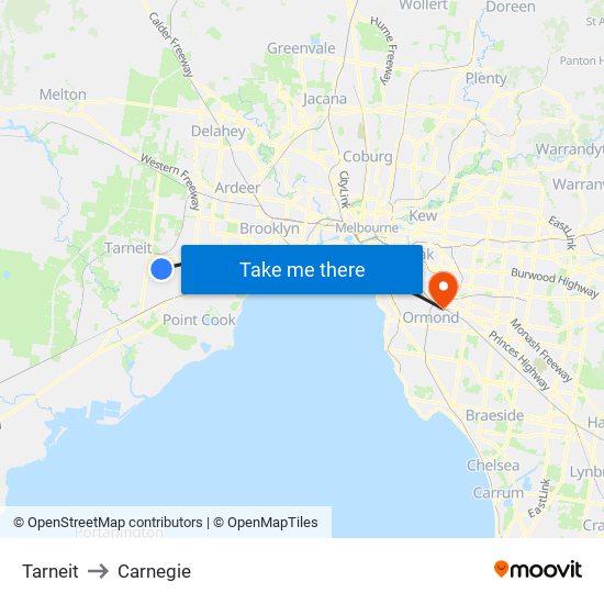 Tarneit to Carnegie map