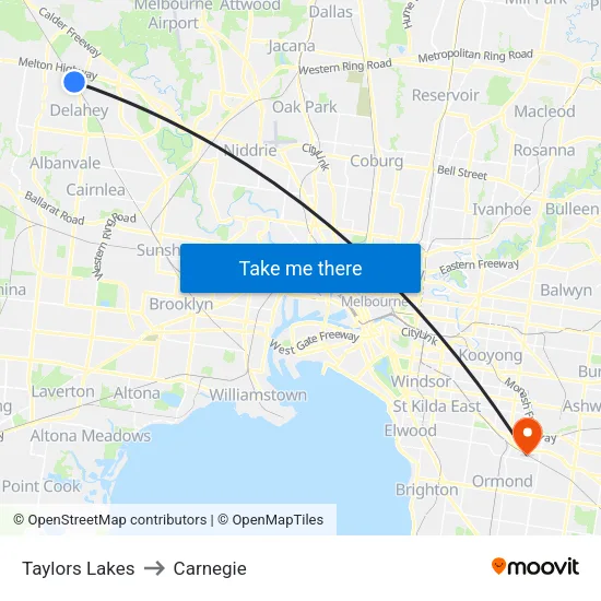 Taylors Lakes to Carnegie map