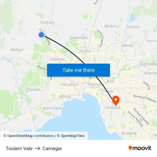 Toolern Vale to Carnegie map