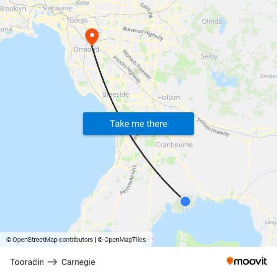 Tooradin to Carnegie map